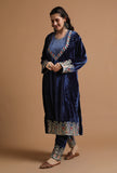 Set Of 3: Moody Blue Kashmiri Tilla Embroidery Phiran With Pant and Dupatta-Free Size