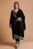 Set Of 3: Dark Jungle Green Kashmiri Tilla Embroidery Phiran With Pant and Dupatta-Free Size