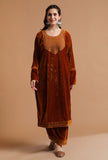 Set Of 3: Rusty Red Kashmiri Tilla Embroidery Phiran With Pant and Dupatta-Free Size