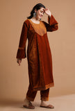 Set Of 3: Rusty Red Kashmiri Tilla Embroidery Phiran With Pant and Dupatta-Free Size