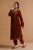 Set Of 3: Rusty Red Kashmiri Tilla Embroidery Phiran With Pant and Dupatta-Free Size