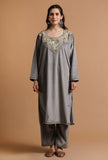 Set Of 3: Grey Kashmiri Tilla Embroidery Phiran With Pant and Dupatta-Free Size