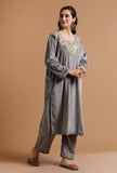 Set Of 3: Grey Kashmiri Tilla Embroidery Phiran With Pant and Dupatta-Free Size