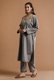 Set Of 3: Grey Kashmiri Tilla Embroidery Phiran With Pant and Dupatta-Free Size