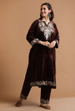Set Of 2: Congo Brown Kashmiri Tilla Embroidery Phiran With Pant-Free Size