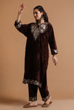 Set Of 2: Congo Brown Kashmiri Tilla Embroidery Phiran With Pant-Free Size