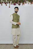 Set of 3 - Safeda Cotton Kurta & Pyjama with Olive Green Nehru Jacket