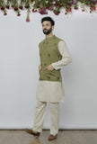 Set of 3 - Safeda Cotton Kurta & Pyjama with Olive Green Nehru Jacket