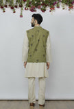 Set of 3 - Safeda Cotton Kurta & Pyjama with Olive Green Nehru Jacket
