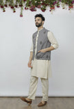 Set of 3 - Safeda Cotton Kurta & Pyjama with Grey Nehru Jacket