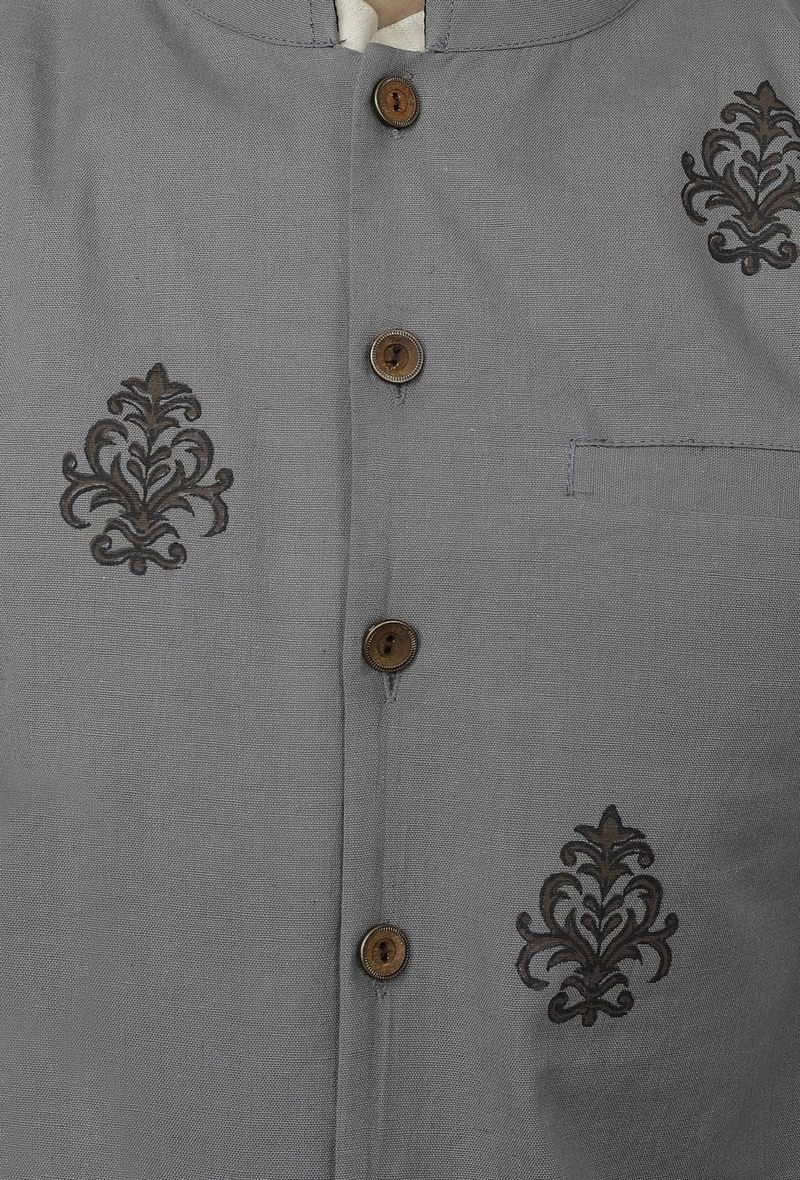 Set of 3 - Safeda Cotton Kurta & Pyjama with Grey Nehru Jacket