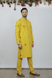 Set Of 2: Bright Yellow Cotton Block Print Kurta and Pyjama