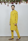 Set Of 2: Bright Yellow Cotton Block Print Kurta and Pyjama
