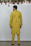 Set Of 2: Bright Yellow Cotton Block Print Kurta and Pyjama