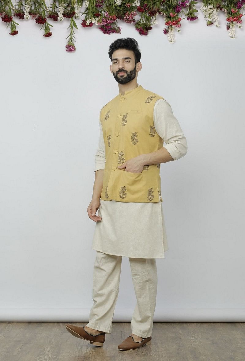 Set of 3 - Off White Kurta Pyjama with Light Brown Nehru Jacket