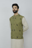 Olive Green Cotton Nehru Block Print Jacket