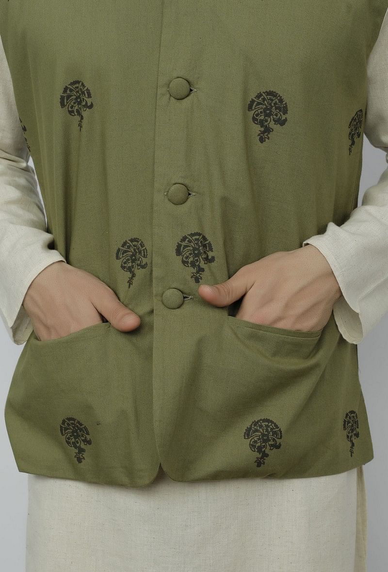 Olive Green Cotton Nehru Block Print Jacket