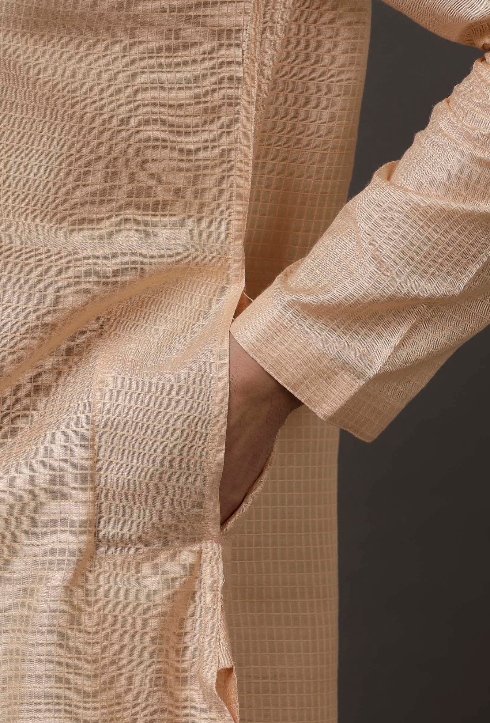 Set of 2: Beige Cotton Silk Check Kurta Pajama