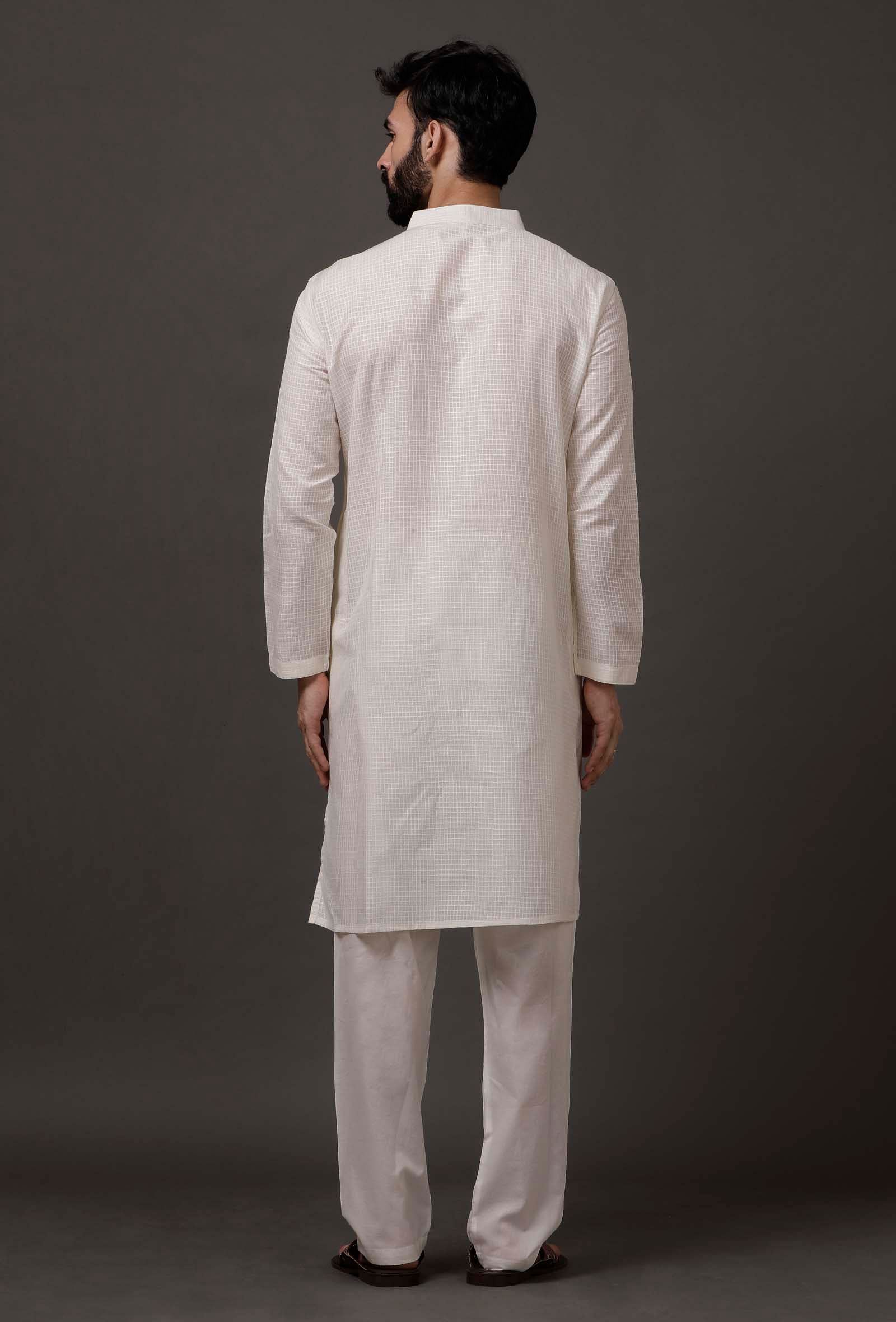 Set of 2: White Cotton Silk Check Kurta Pajama