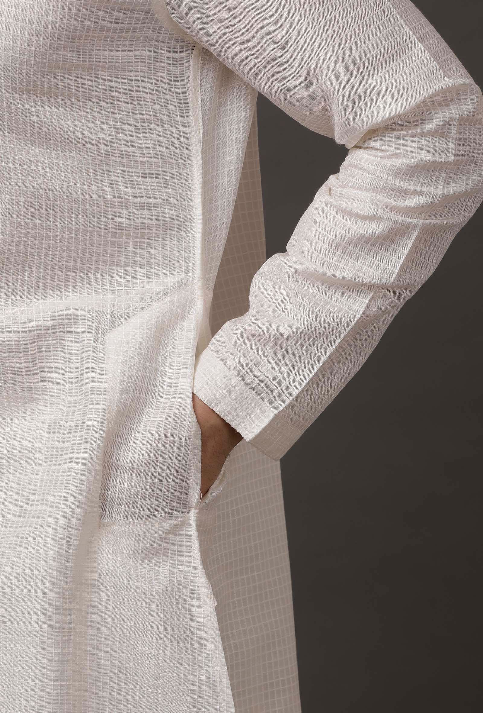 Set of 2: White Cotton Silk Check Kurta Pajama