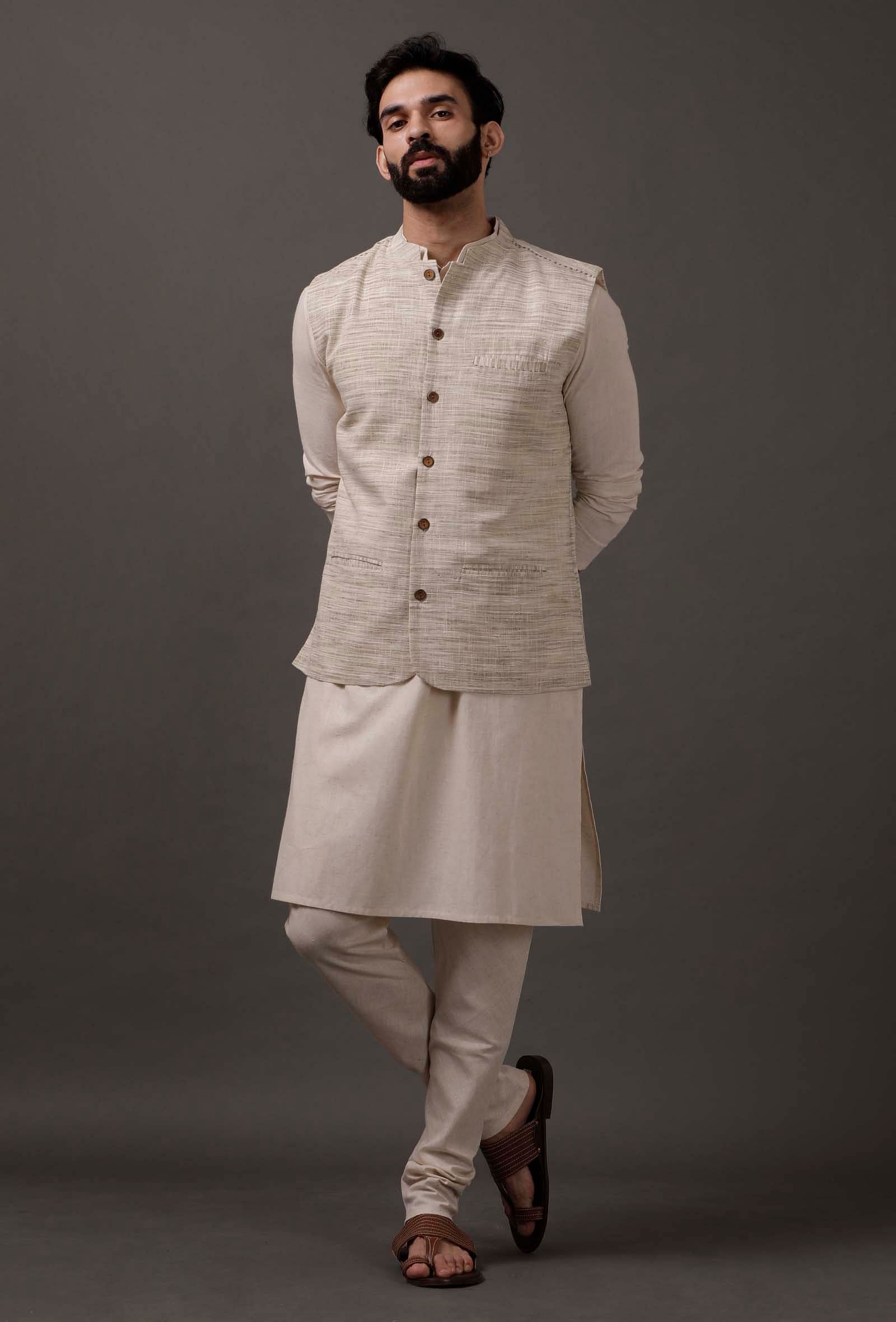 Set of 3 Beige Kurta pajama with Brown Waist coat