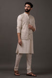 Set of 3: Beige Kurta pajama with Brown Waist coat