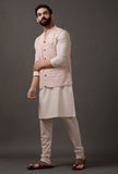 Set of 3: beige kurta pajama with pink waist coat