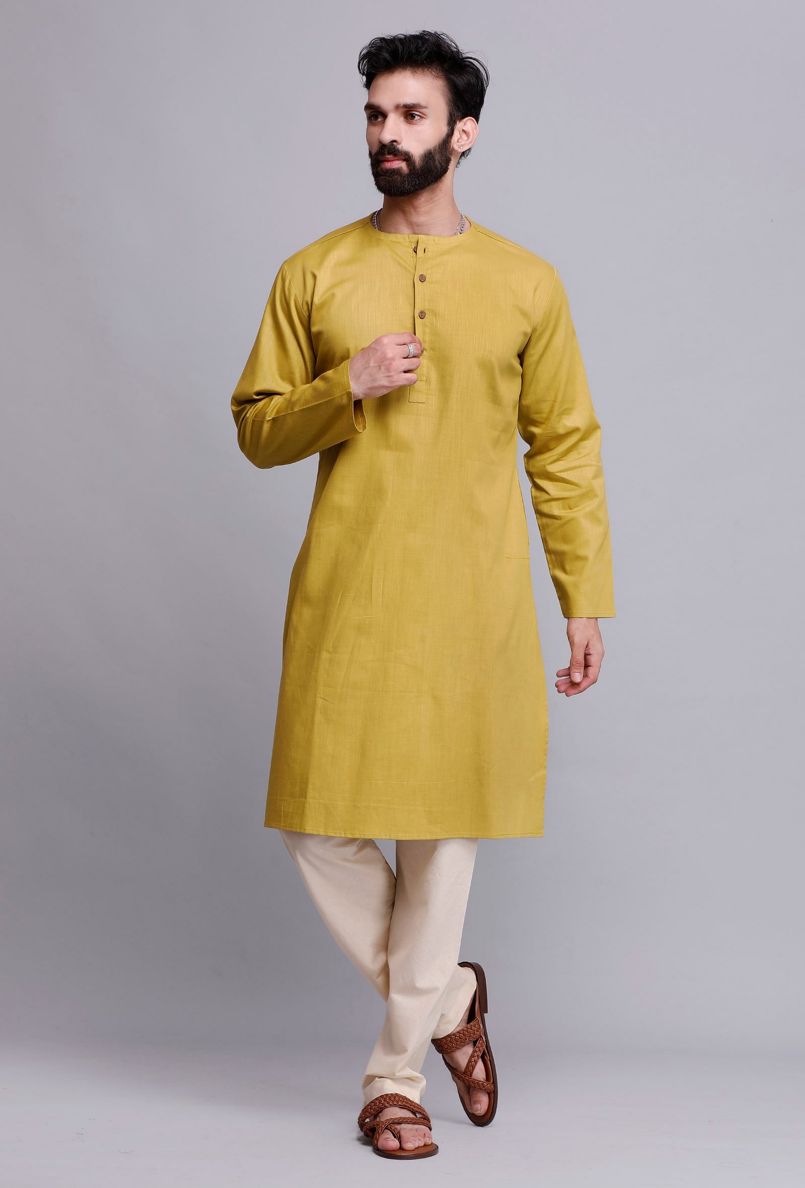 Set of 2: Gold Yellow Cotton Kurta Pajama Set