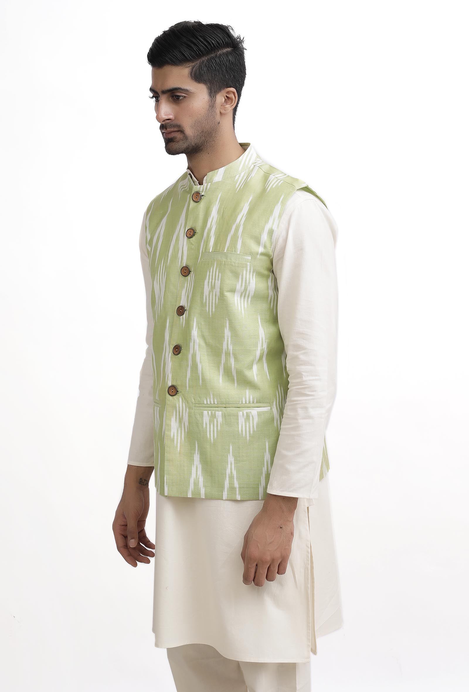 Lemon Green Ikat Nehru Jacket