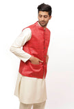 Scarlet Red Matka Silk Nehru Jacket