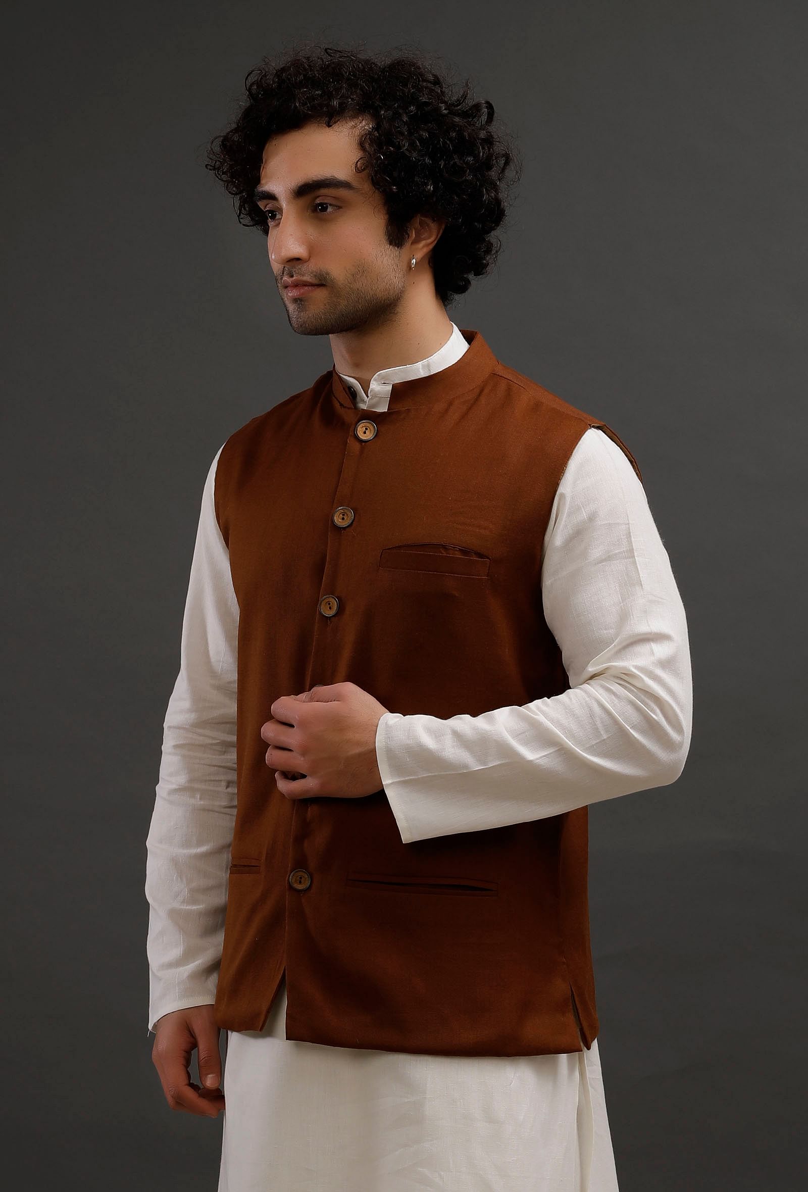 Brown Woollen Blend Nehru Jacket