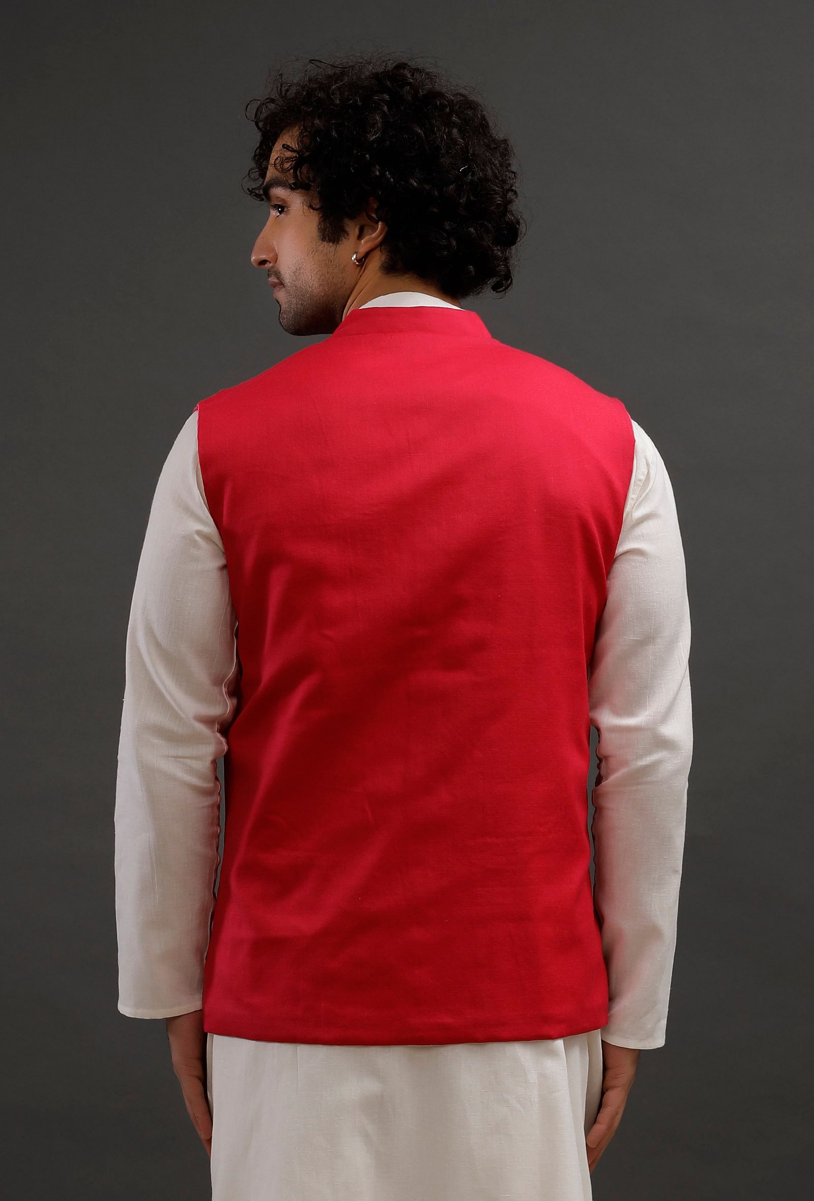 Scarlet Red Woollen Blend Nehru Jacket