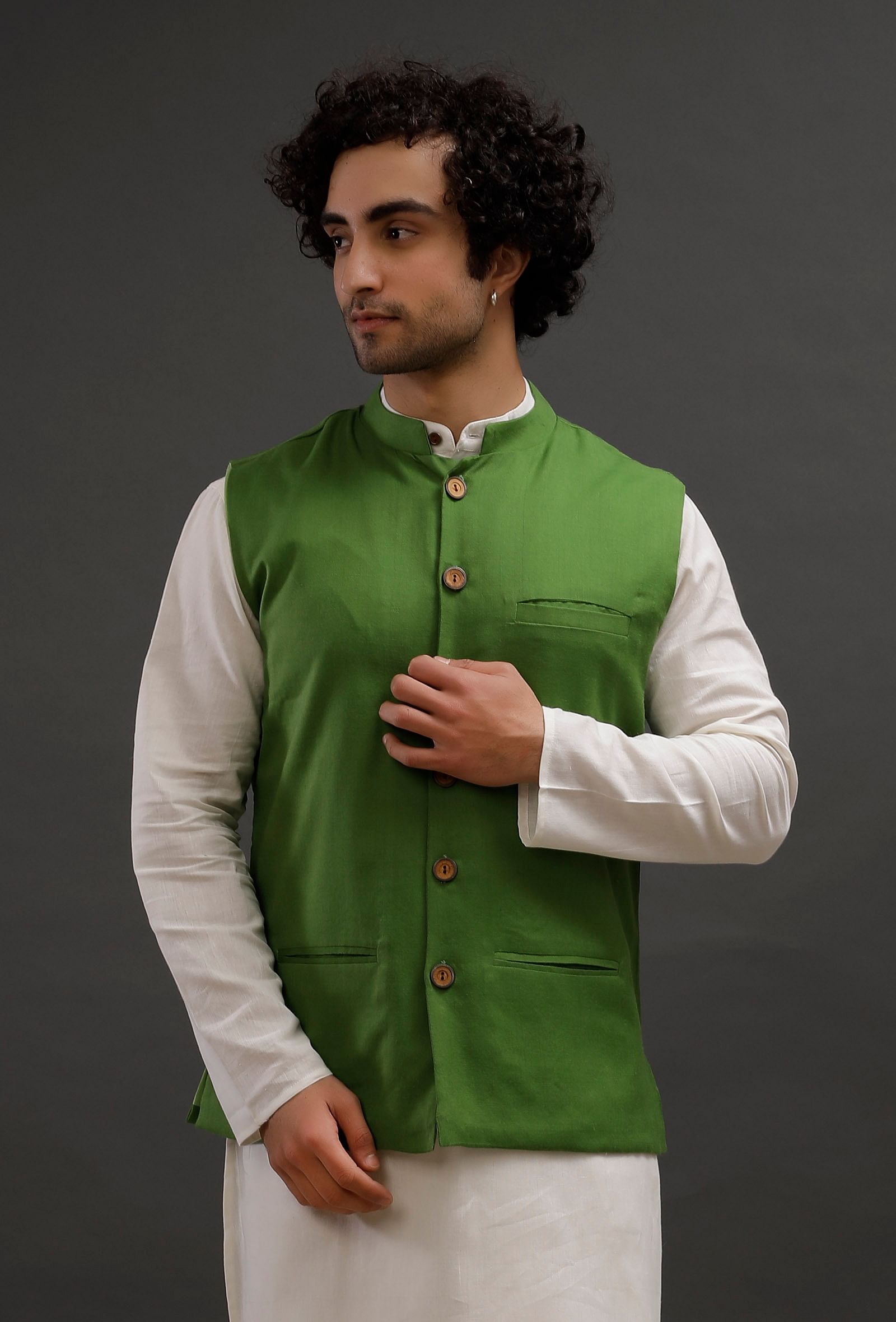 Parrot Green Woollen Blend Nehru Jacket