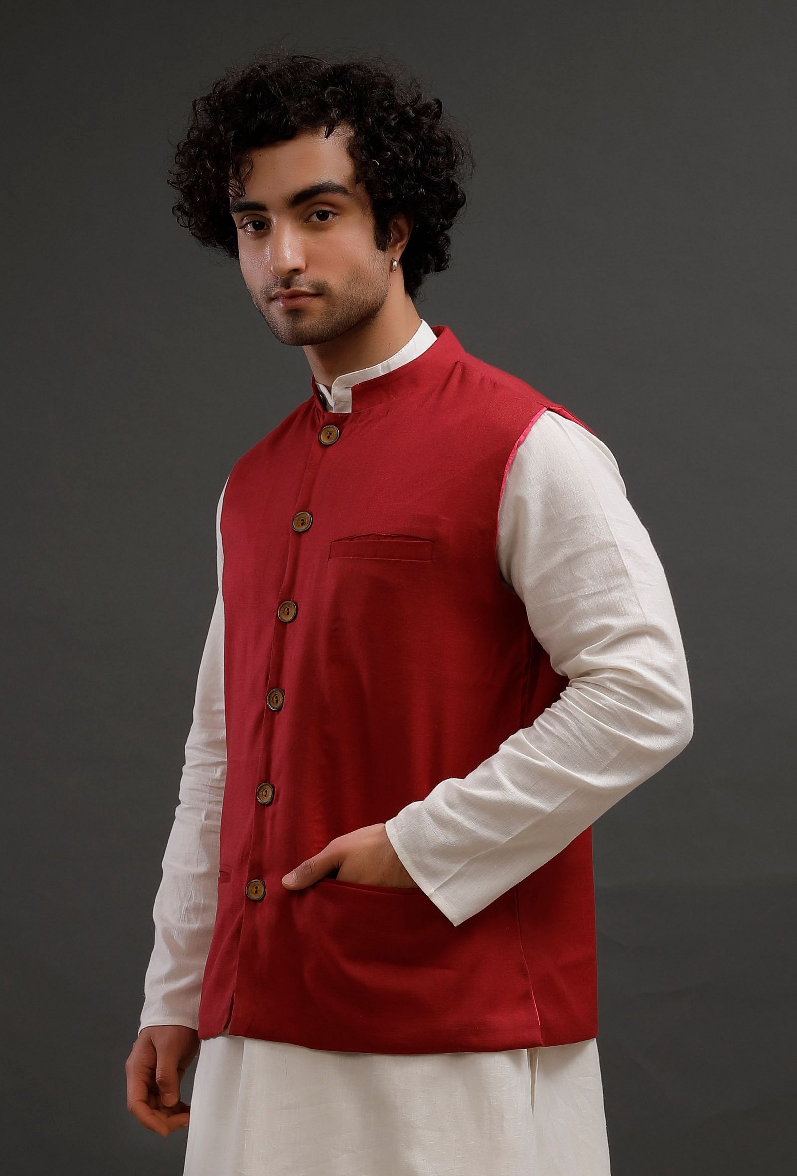 Red Woollen Blend Nehru Jacket