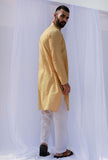 Set Of 2: Pastel Yellow Self Weave Cotton Kurta Pyjama Set