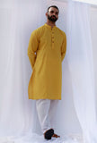 Set Of 2: Tuscan Yellow Self Weave Cotton Kurta Pyjama Set