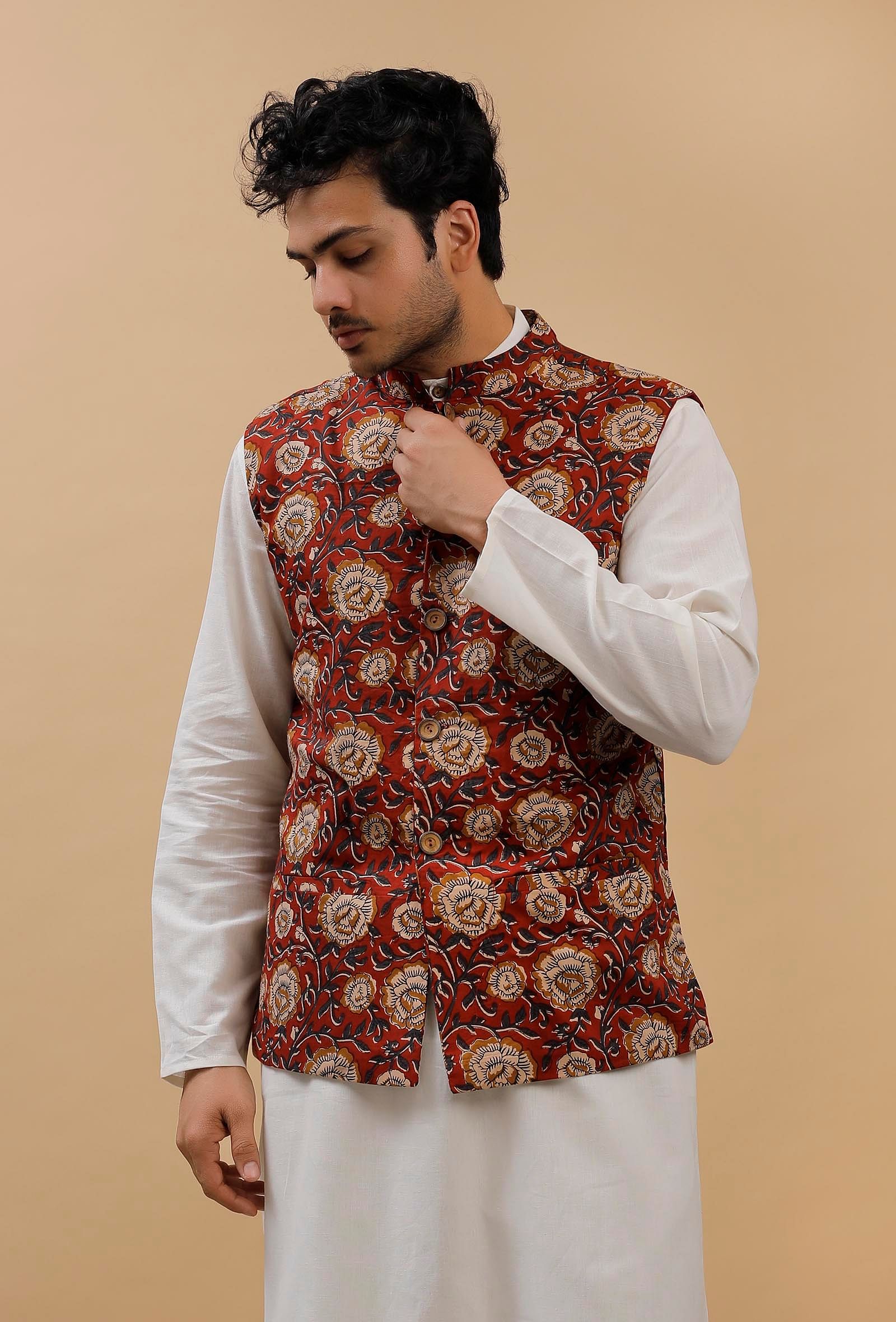 Earth Poly Cotton Kalamkari Print Straight Kurta with Tassels at Soch