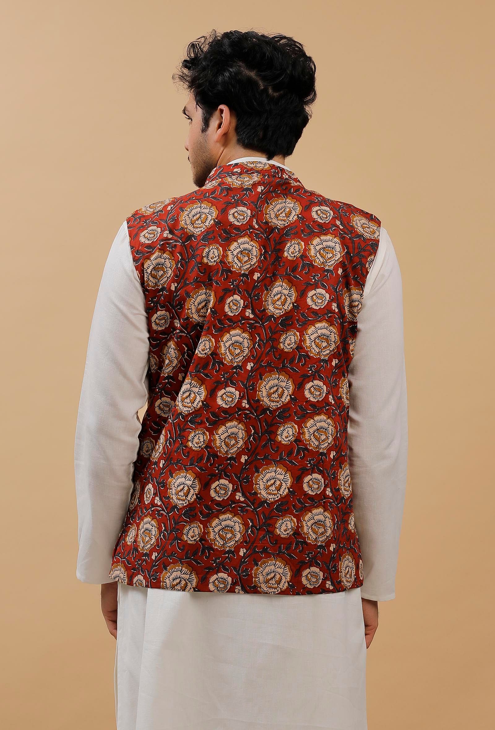 Red Floral Kalamkari Cotton Nehru Jacket