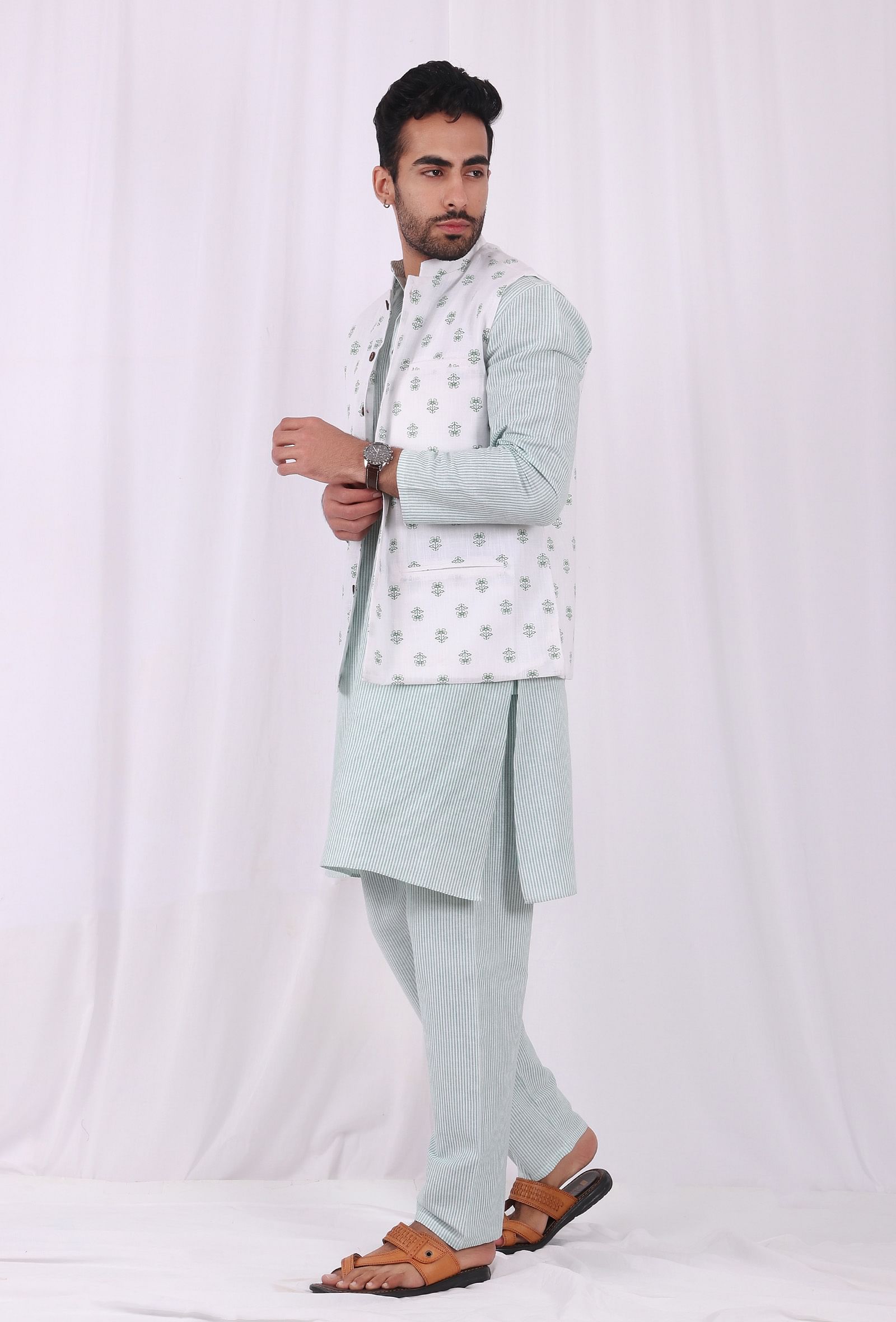 Set of 3: Green Striped Cotton Kurta and Pajama  with Green Hand Block Printed Floral Nehru Jacket