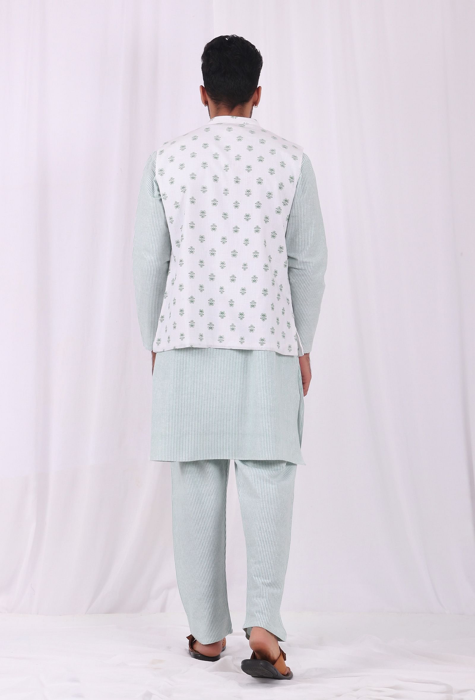 Set of 3: Green Striped Cotton Kurta and Pajama  with Green Hand Block Printed Floral Nehru Jacket