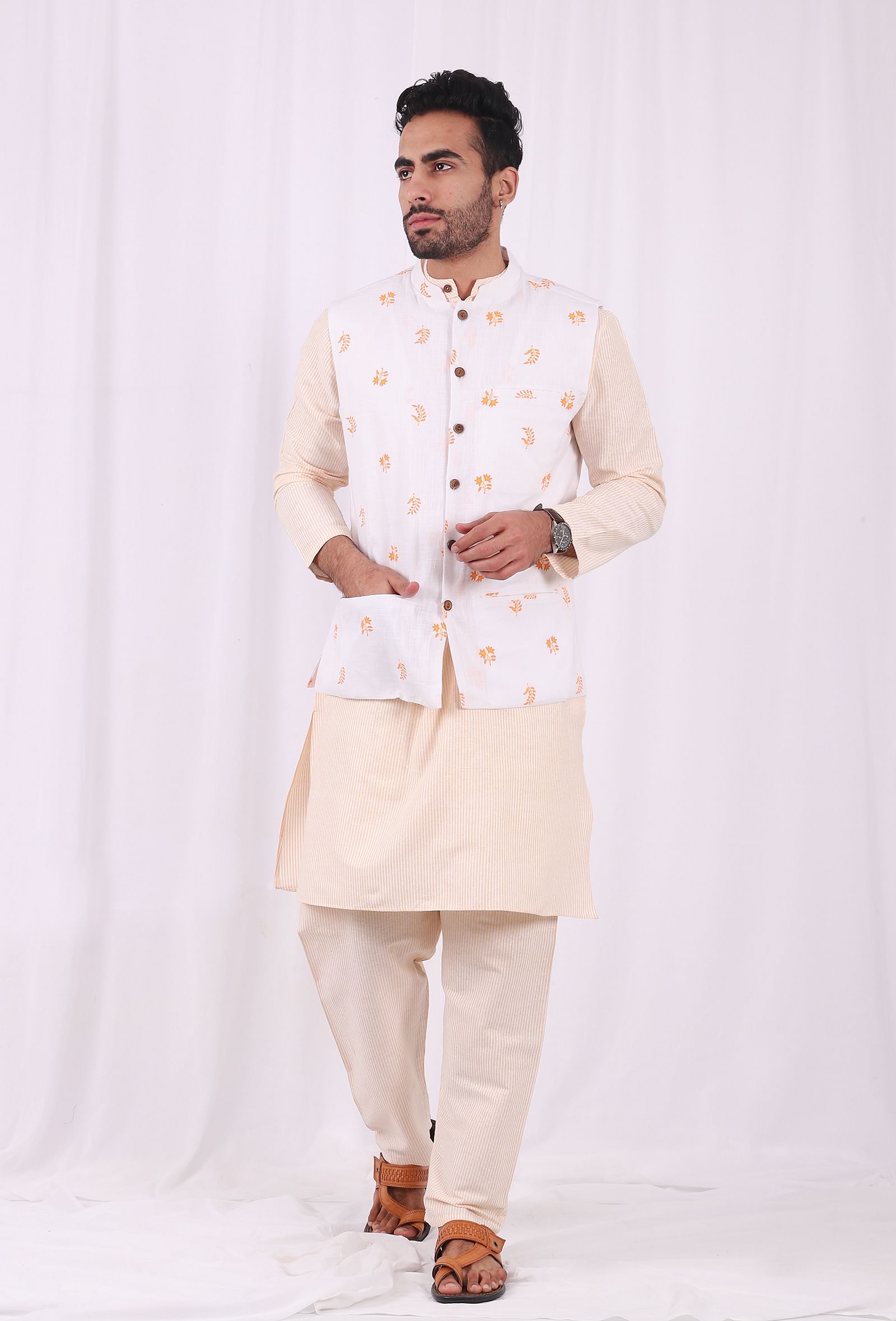 Set of 3: Yellow Striped Cotton Kurta and Pajama  with Yellow Hand Block Printed Floral Nehru Jacket