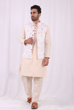 Set of 3: Yellow Striped Cotton Kurta and Pajama  with Yellow Hand Block Printed Floral Nehru Jacket