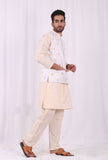Set of 3: Yellow Striped Cotton Kurta and Pajama  with Yellow Hand Block Printed Floral Nehru Jacket