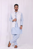 Set of 3: Blue Striped Cotton Kurta and Pajama  with Blue hand Block Printed Nehru Jacket