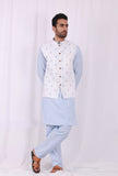 Set of 3: Blue Striped Cotton Kurta and Pajama  with Blue hand Block Printed Nehru Jacket