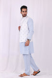 Set of 3: Blue Striped Cotton Kurta and Pajama  with Blue hand Block Printed Nehru Jacket