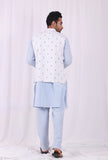 Set of 3: Blue Striped Cotton Kurta and Pajama  with Blue hand Block Printed Nehru Jacket