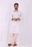 Set of 2: White Cotton kurta with Pink Striped Pajama