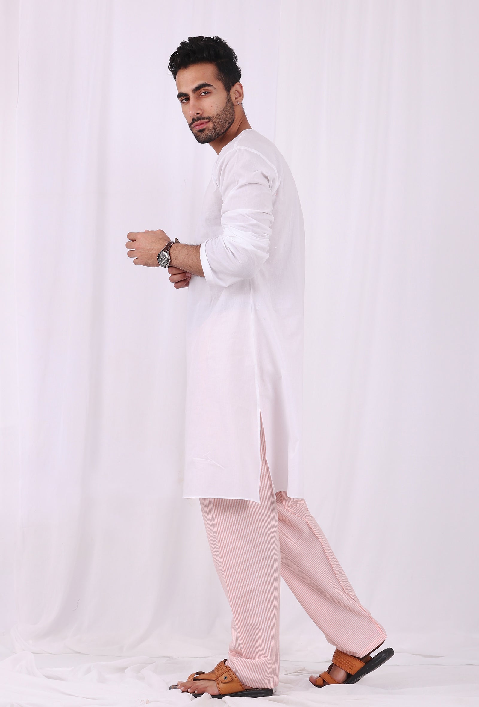 Set of 2: White Cotton kurta with Pink Striped Pajama