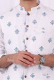 Set of 3: White Cotton kurta and Blue Striped Pajama  with Blue Hand Block Printed Floral Nehru Jacket